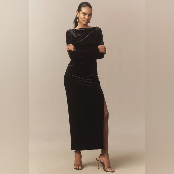 BHLDN Dresses & Skirts - NWT BHLDN Eloise Boat Neck Stretch Side Slit Velvet Maxi Dress in Black Sz M